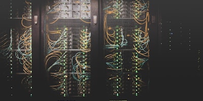 Server rack with glowing cyan lights processing financial data, abstract digital data streams, high tech facility, 8k resolution, no human figures